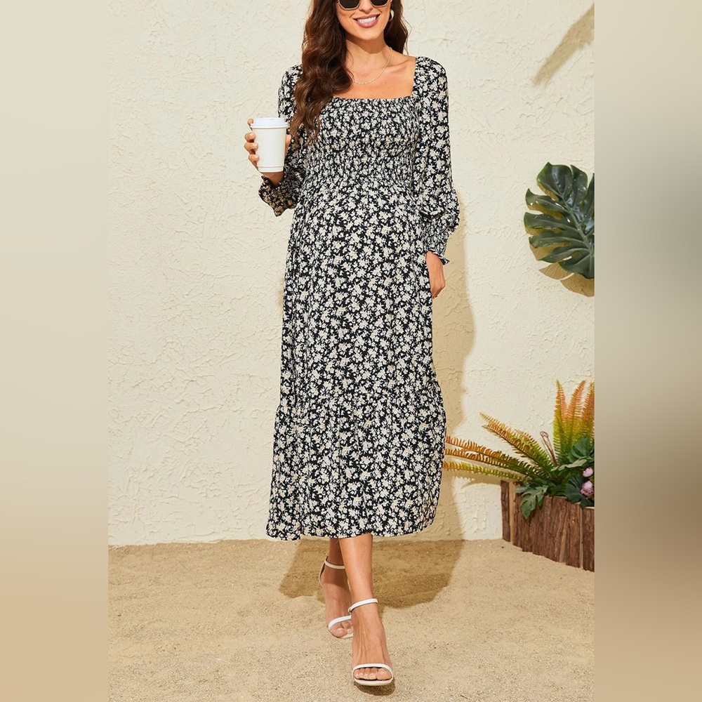 Smocked Square-Neck Black white Daisy Floral Midi Dress 3/4 sleeves Large